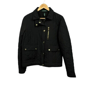 LAUREN RALPH LAUREN Women's Size Large Black Quilted Jacket Gold Buttons Zippers